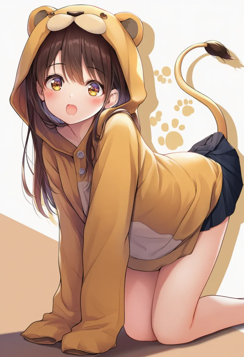 ライオンの動物コスプレとミニスカートのファッションのAIイラスト作例