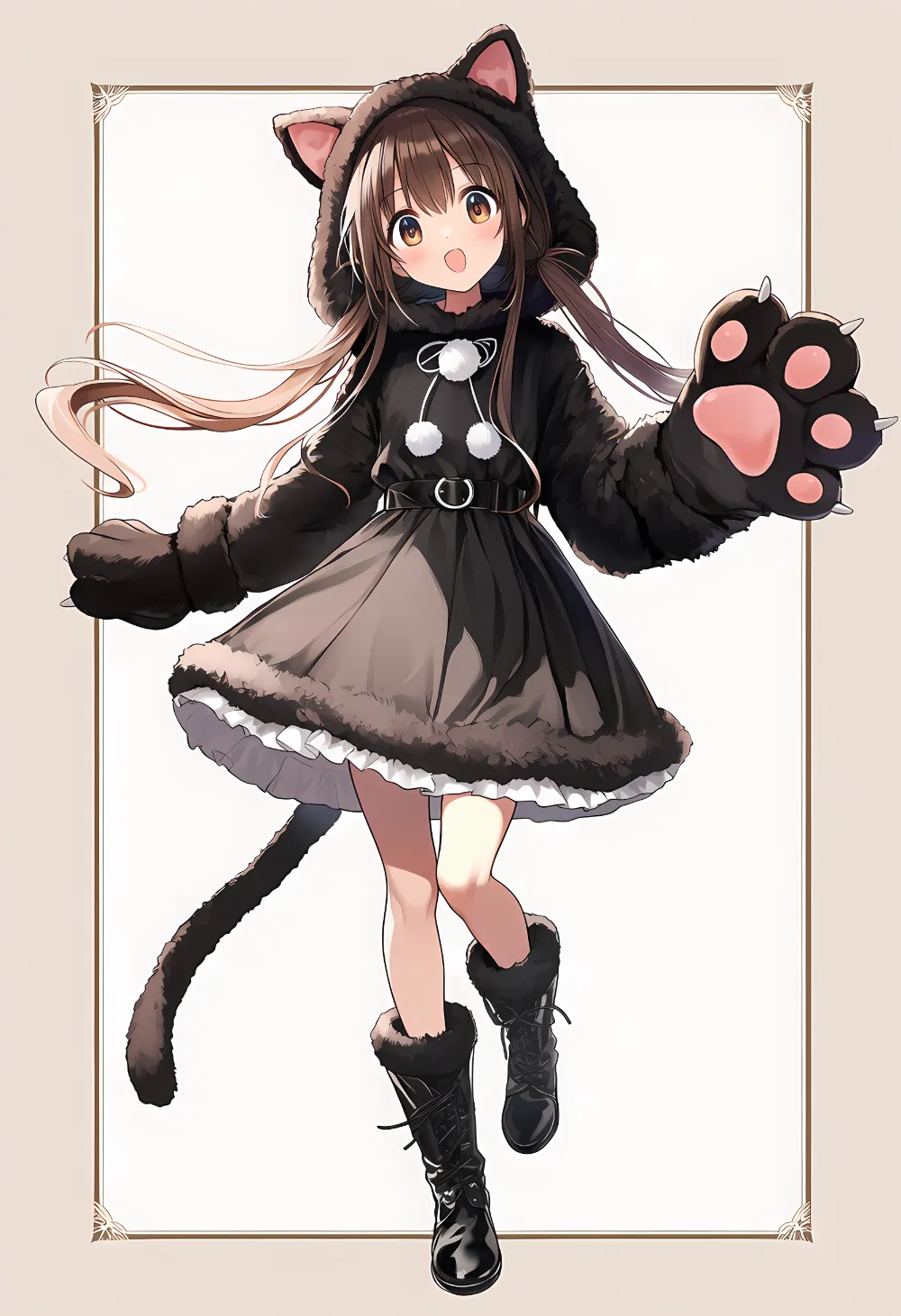 動物皮ドレスとベルトとブーツを組み合わせたファッションコーディネートのAIイラスト作例