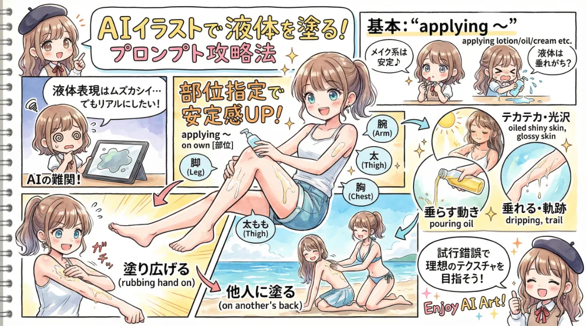 体に液体を塗るプロンプト集（日焼け止め・薬・オイル等）のまとめ用の図解イラスト