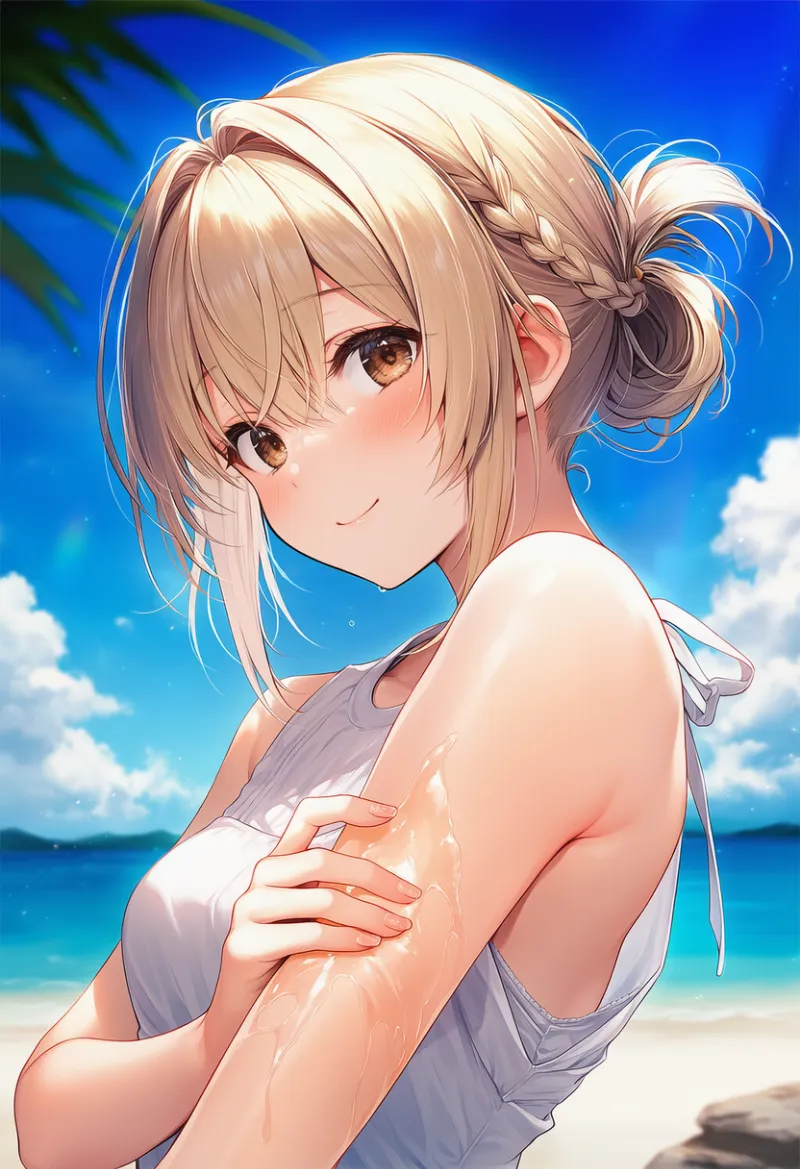 体に日焼け止めを塗るシーンのAIイラスト作例