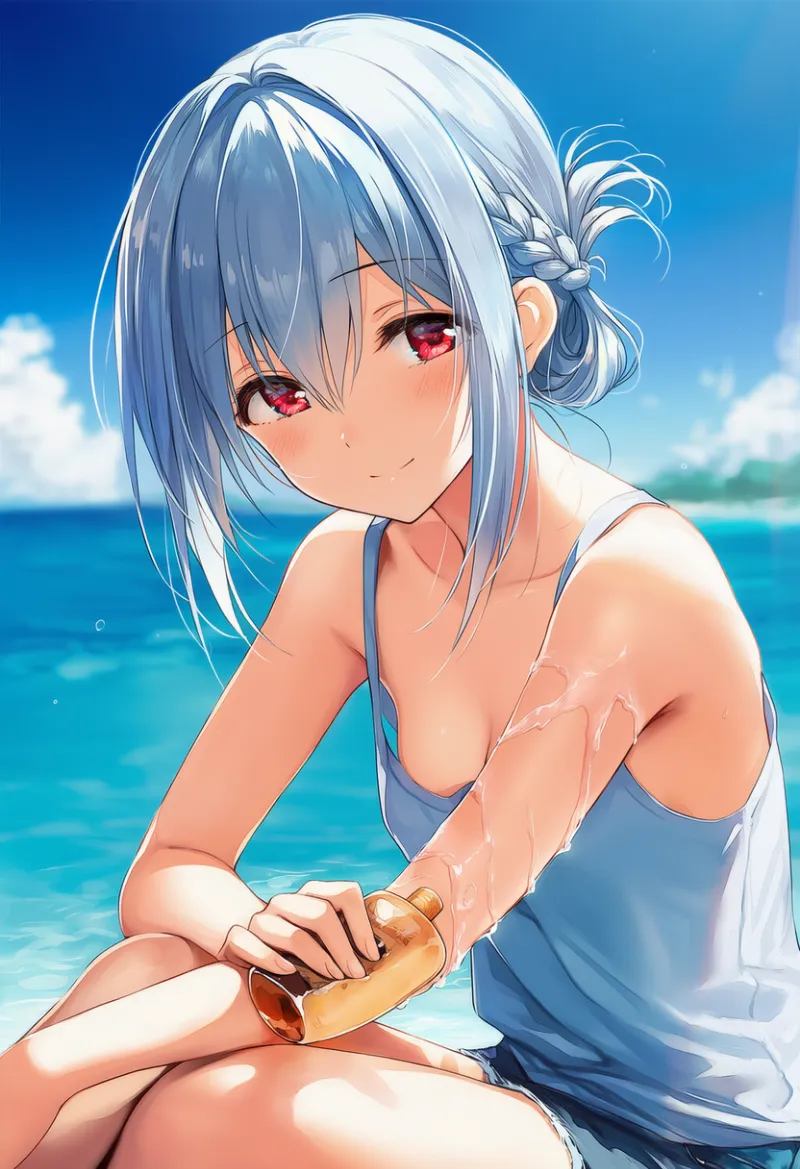 腕にローションを塗っているポーズのAIイラスト｜プロンプト紹介