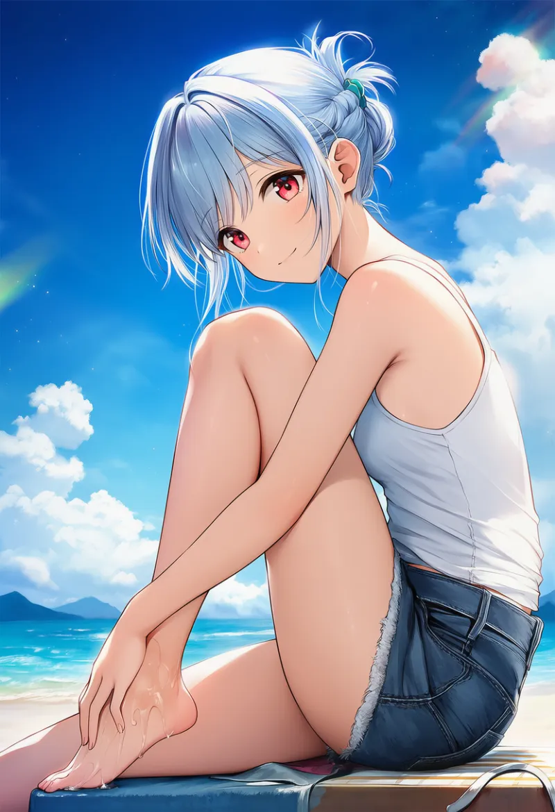 足にローションを塗っているポーズのAIイラスト｜プロンプト紹介