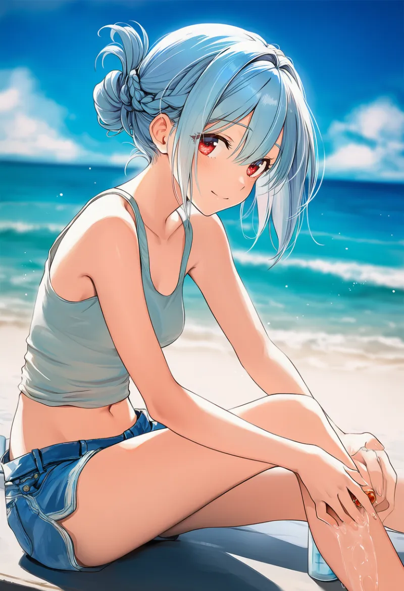 脚にローションを塗っているポーズのAIイラスト｜プロンプト紹介