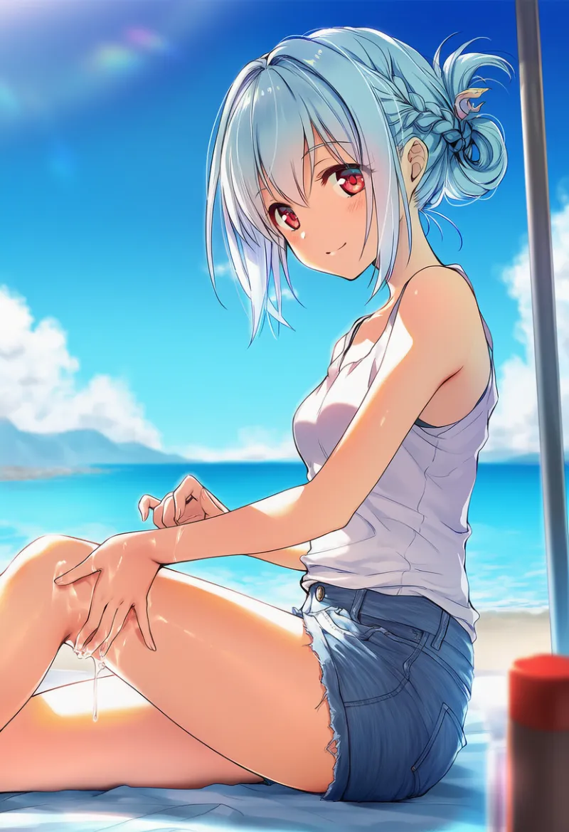 太ももにローションを塗っているポーズのAIイラスト｜プロンプト紹介