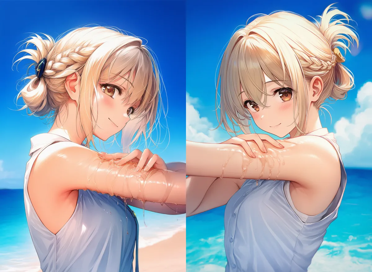 日焼け止めを腕に塗り広げるプロンプト（詳細指定）｜AIイラスト作例