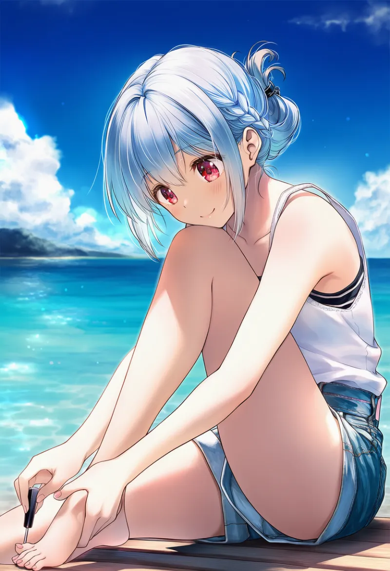 ペディキュア・足ネイルを塗るポーズのAIイラスト｜プロンプト紹介