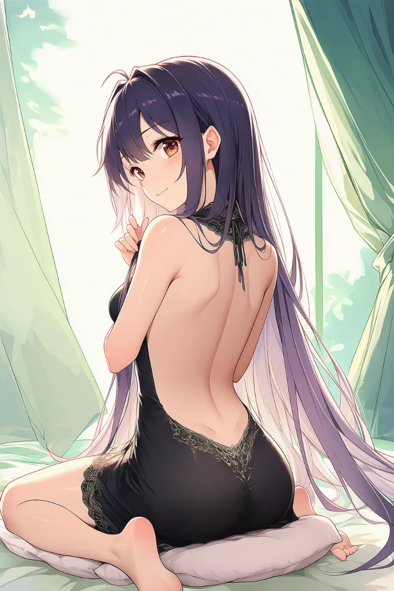 女の子座りで背中を見せる黒ドレス後ろ姿のプロンプト｜AIイラスト