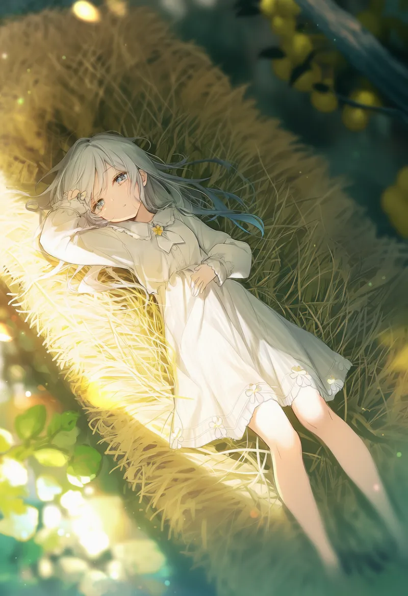 藁のベッドで寝ている美少女キャラクターのAIイラスト作例-1