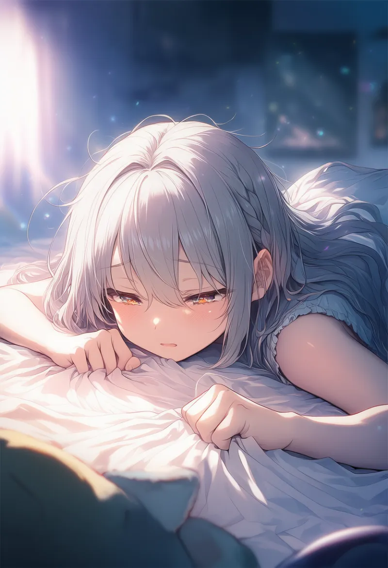 ベッドシーツを掴んでいる美少女AIイラストの作例