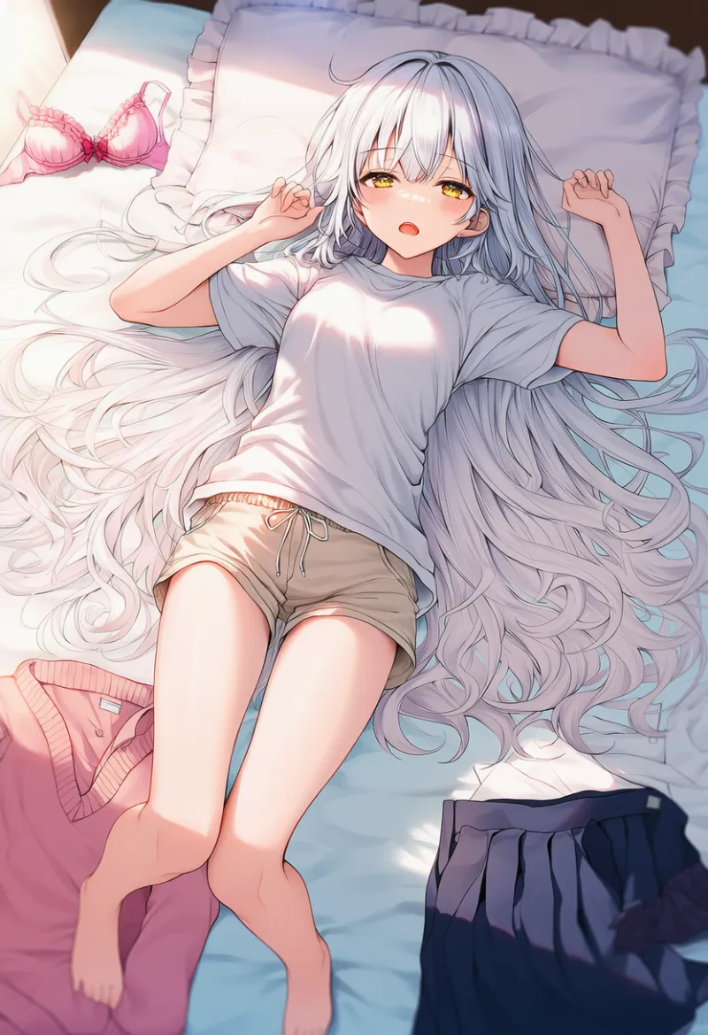 脱いだ服がベッドに散乱した状態で寝ているシーンのAIイラストとプロンプト