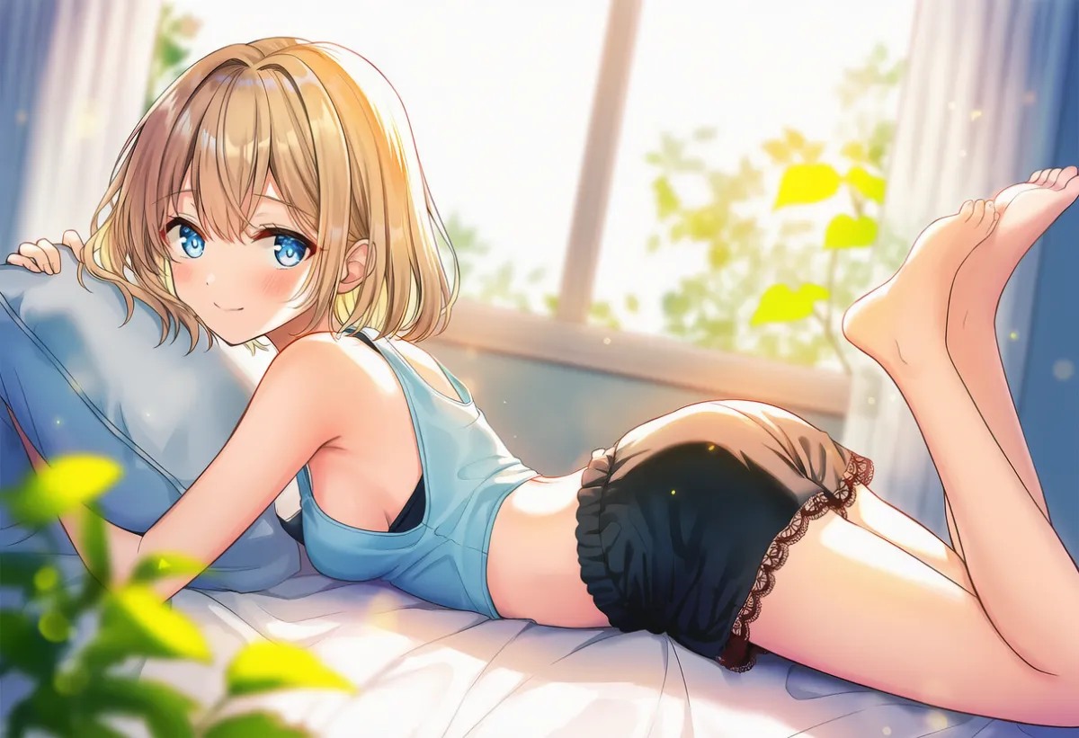 うつ伏せでベッドにくつろぐタンクトップ姿のシーンのAIイラストとプロンプト