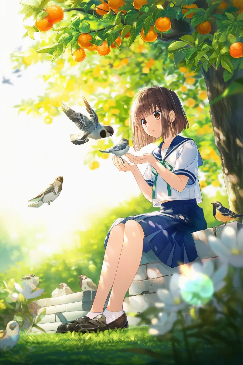 鳥に餌をあげるシーンのプロンプト|AIイラスト