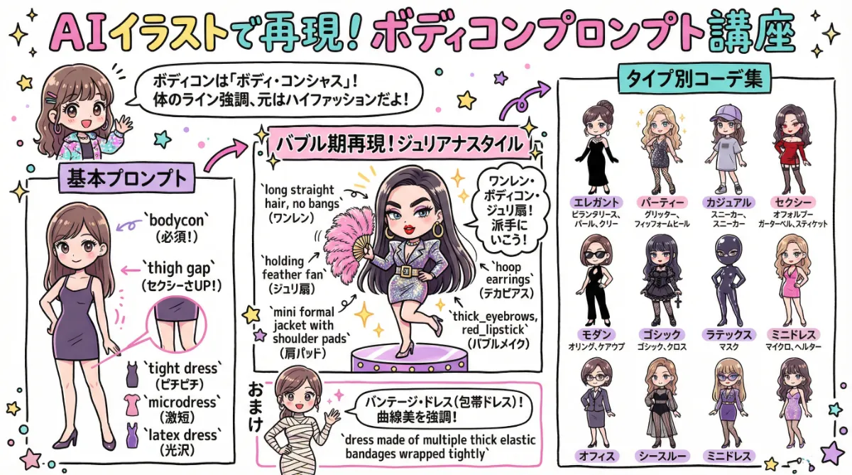ボディコンのプロンプト集(バブル期から現代風まで)のまとめ用図解イラスト