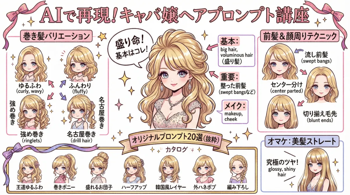 キャバ嬢の髪型プロンプト集の図解イラスト