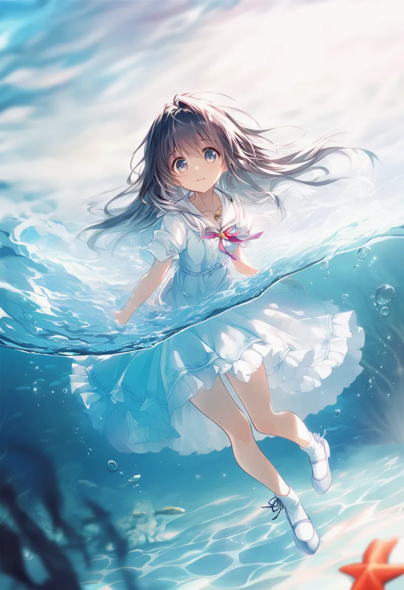 半水面AIイラストに光エフェクト(ゆらめく網目模様)を加えた作例とプロンプト紹介