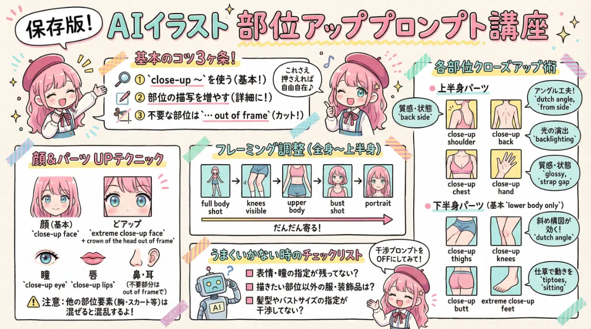 プロンプトで体の一部をアップにする方法の説明用の図解イラスト