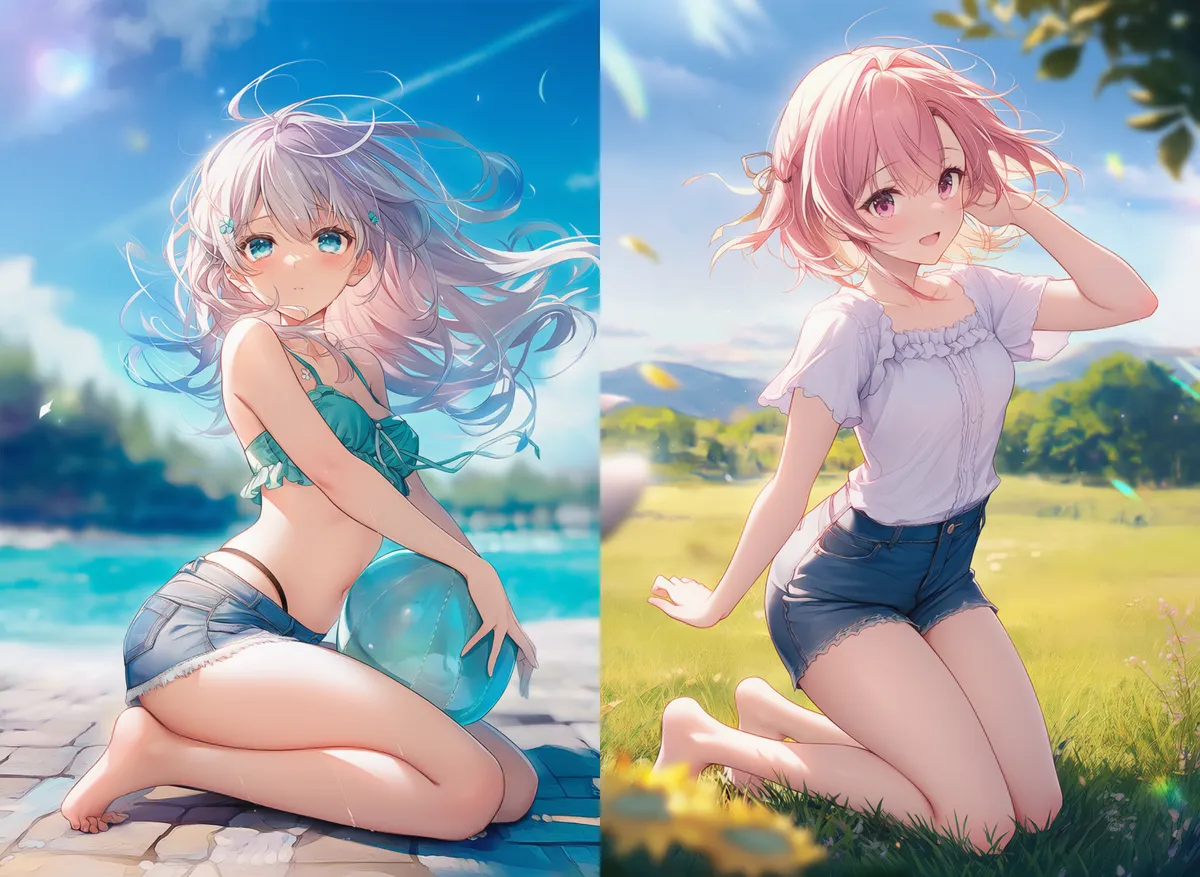 ひざまずく・膝立ちのポーズのAIイラストの作例