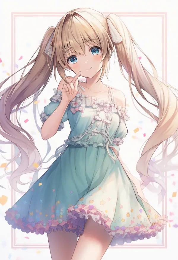 カラフルなチップを散りばめた服｜ゆめかわいいコーデのモチーフのプロンプト（AIイラスト）