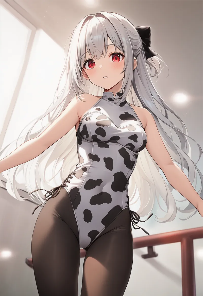 牛柄プリントのレオタードのAIイラスト｜プロンプト紹介