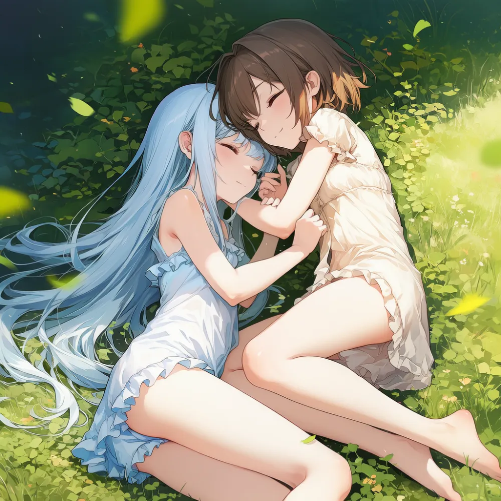 2人で寄り添って寝るAI美少女イラスト|プロンプト紹介