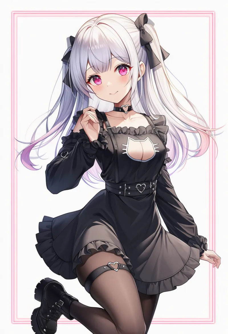 胸元に猫型カットアウトを入れた地雷系コーデのプロンプトとAIイラスト作例