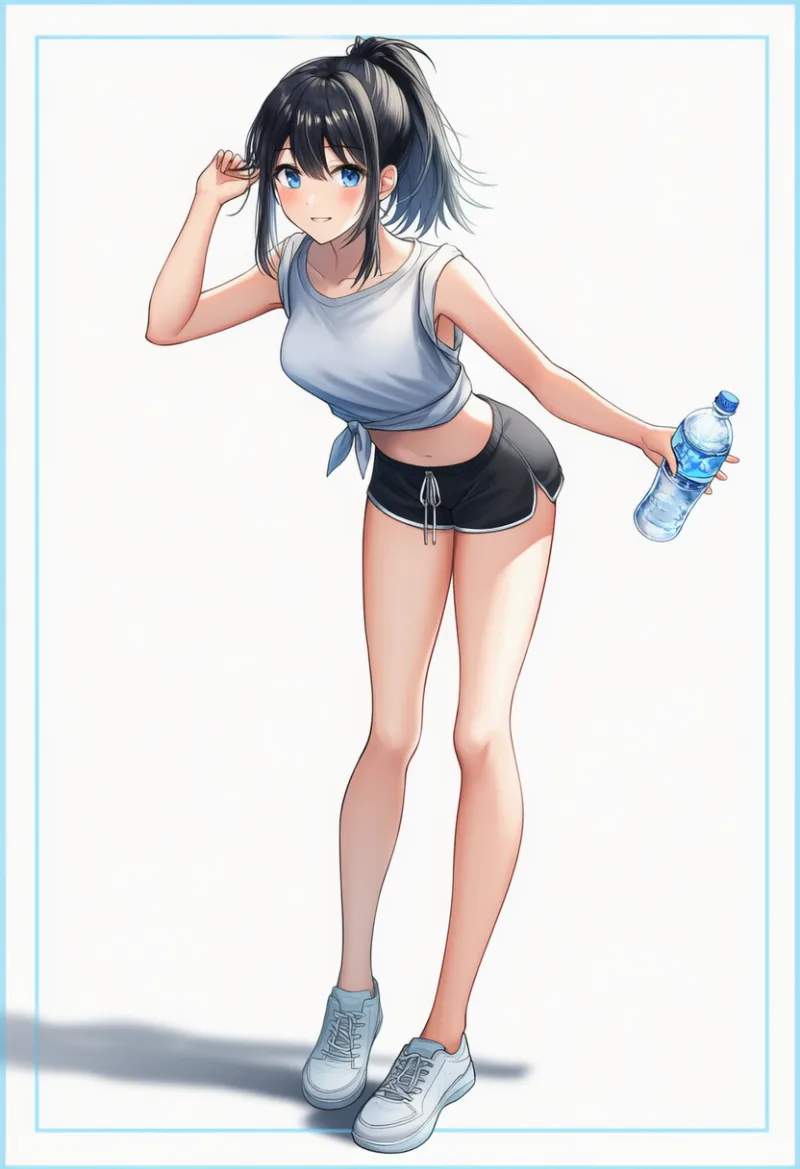 袖ぐりが大きく開いたシャツとサイドスリット入りショーツのプロンプトとAIイラスト作例