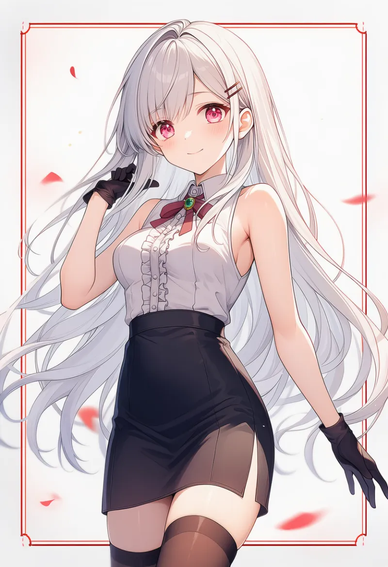 フリルシャツとサイドスリット入りタイトスカートのプロンプトとAIイラスト作例