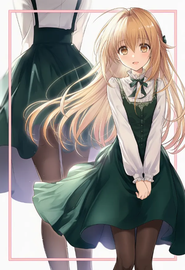 ダークグリーンのお嬢様ファッションドレスのAIイラスト作例