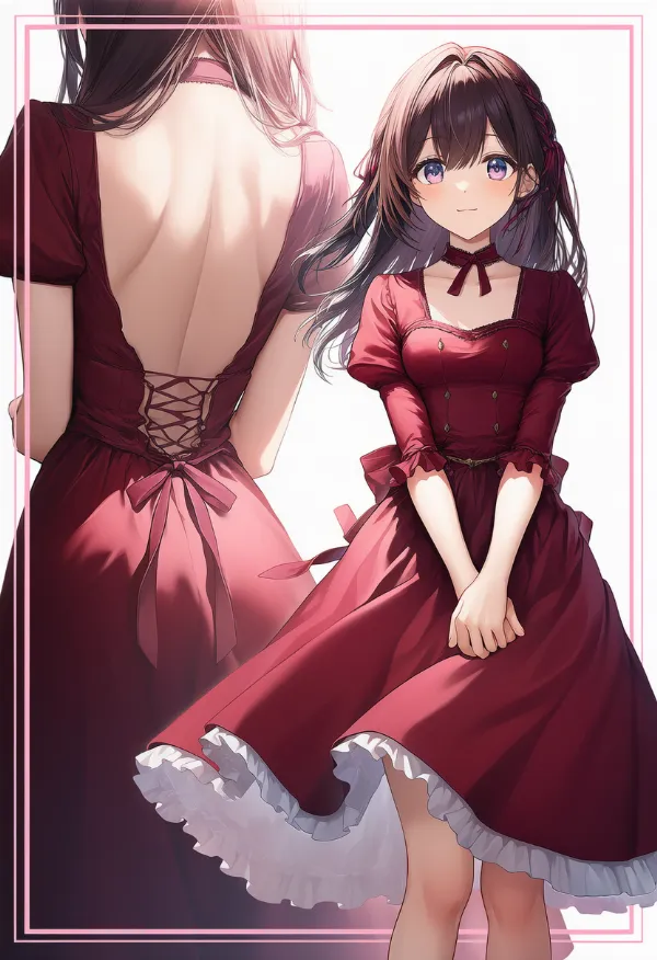 ダークレッドのお嬢様ファッションドレスのAIイラスト作例