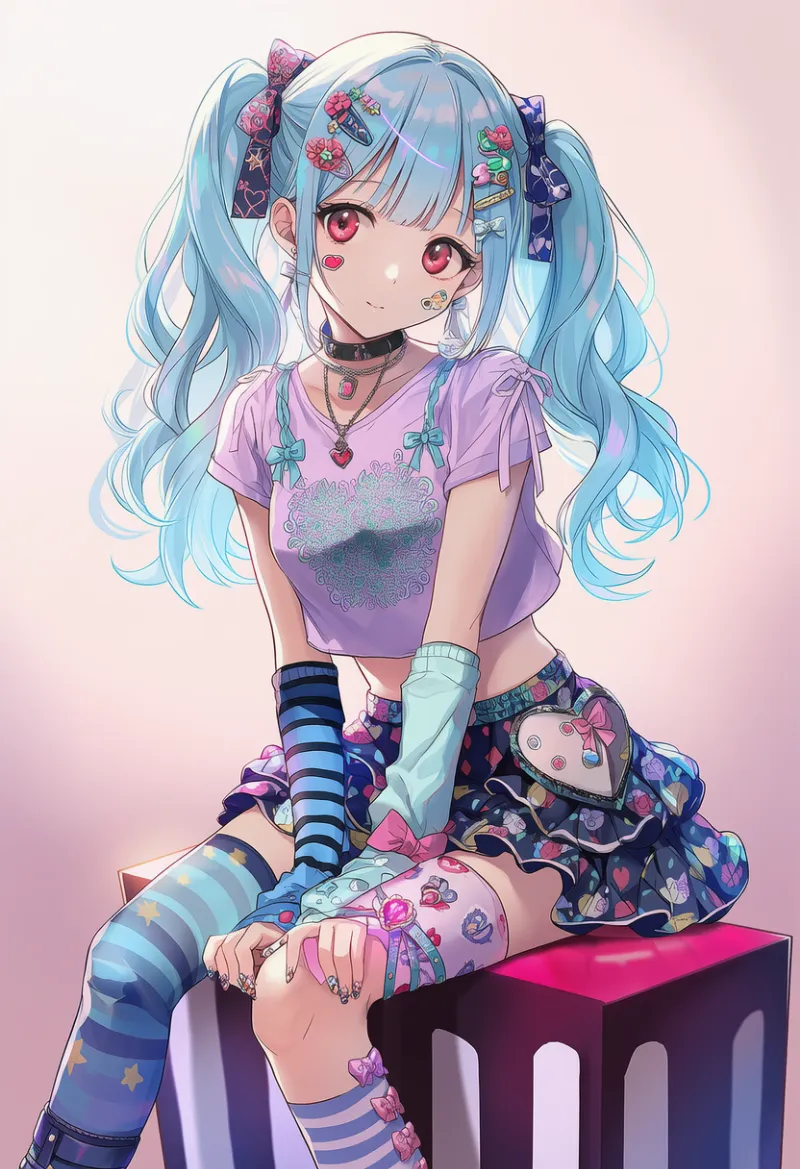 プリント柄多めのデコラファッションのプロンプト|AIイラスト