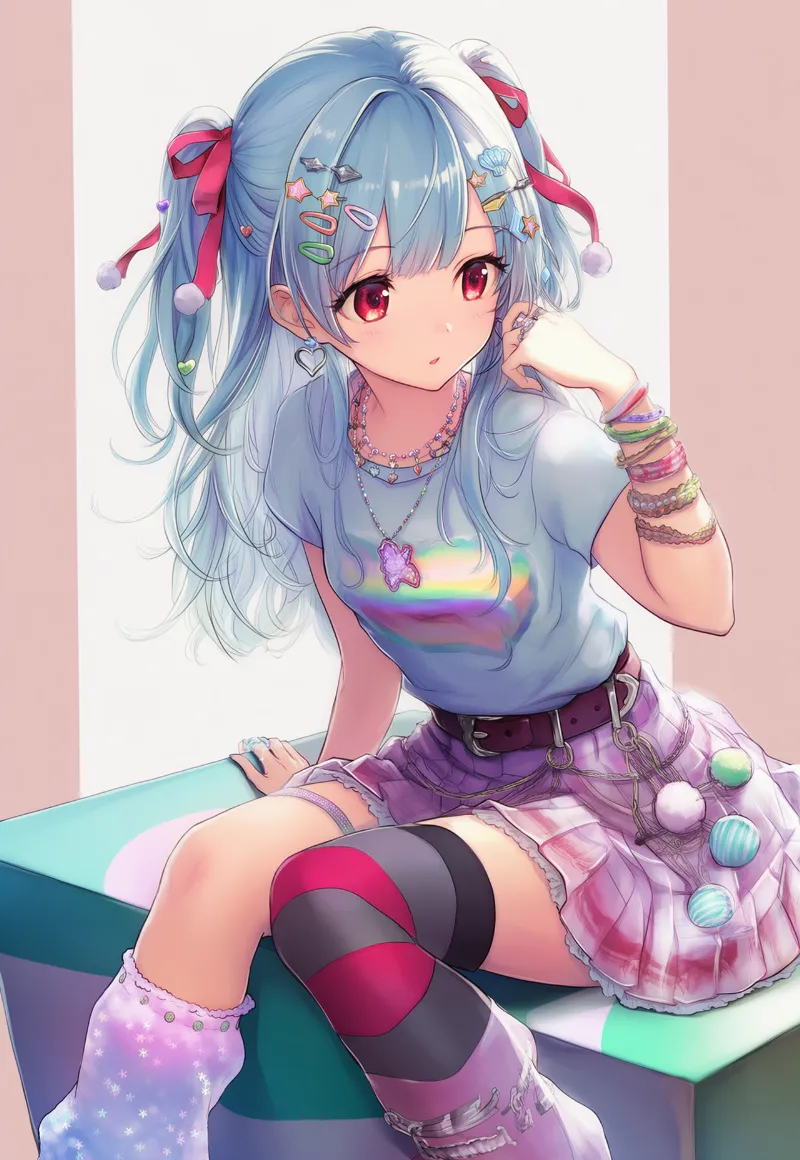 レインボーカラーとプリーツミニスカのデコラファッションのプロンプト|AIイラスト