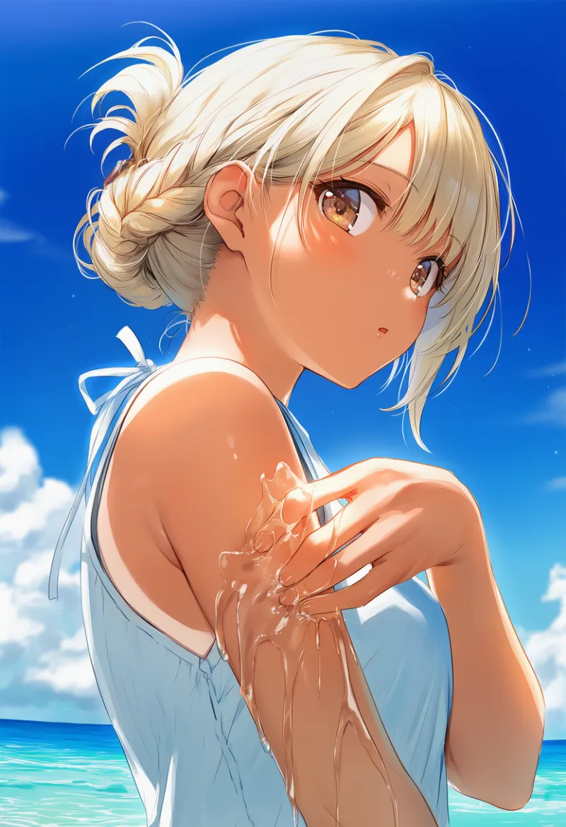 体に塗ったローションが垂れる状態のプロンプト｜AIイラスト作例