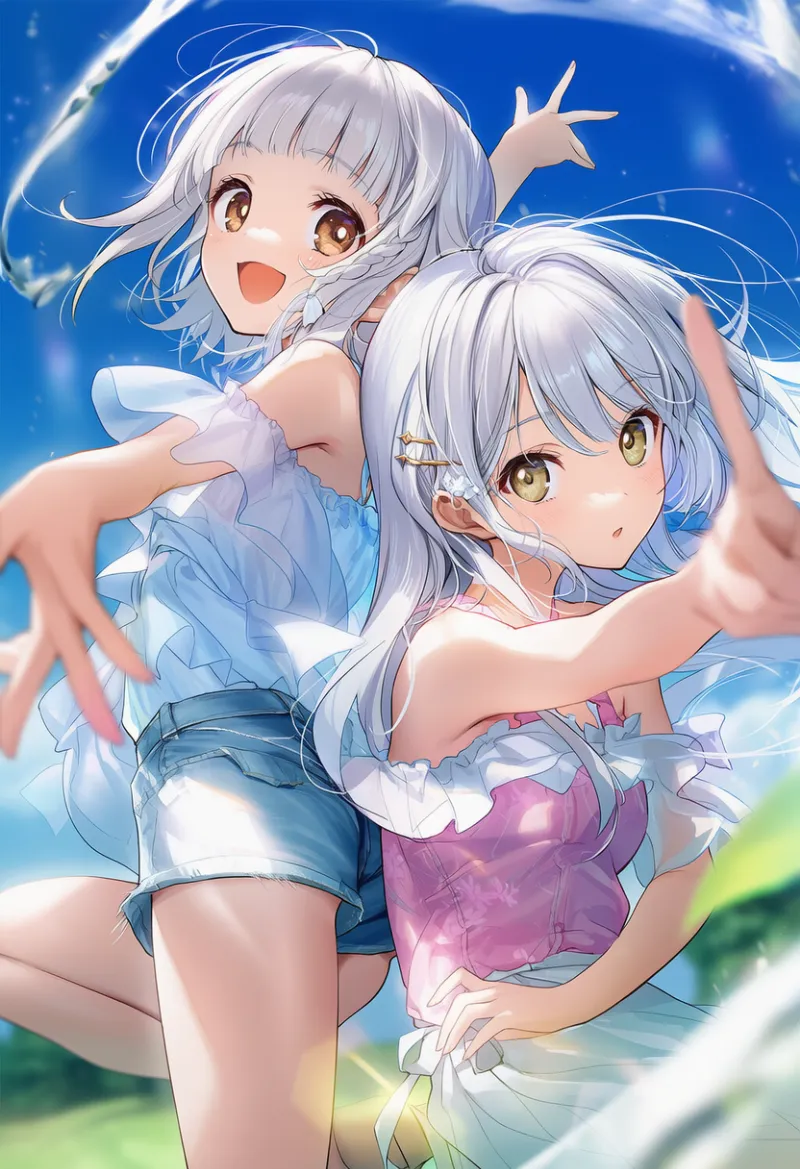 2人のキャラクターが曲芸のようなポーズを取るAIイラスト作例-1