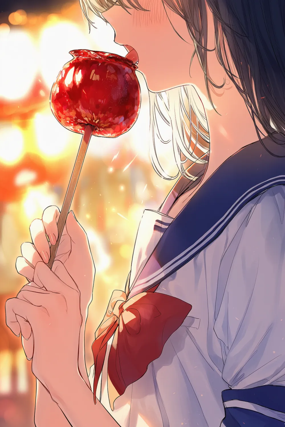 りんご飴を舐めるクローズアップ構図のプロンプト|AIイラスト作例