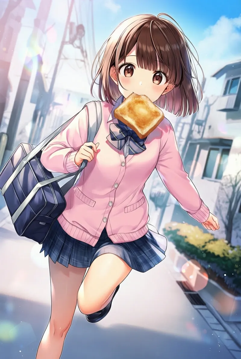 トーストをくわえて走る通学シーンの定番プロンプト|AIイラスト作例