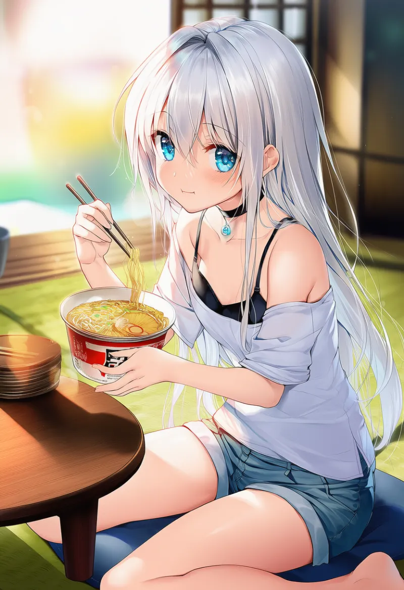 和室でカップラーメンを食べるシーンのプロンプト|AIイラスト作例