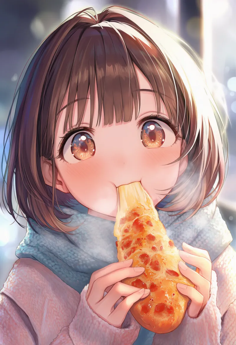 美少女キャラが食べ物を食べるシーンのAIイラスト作例-1