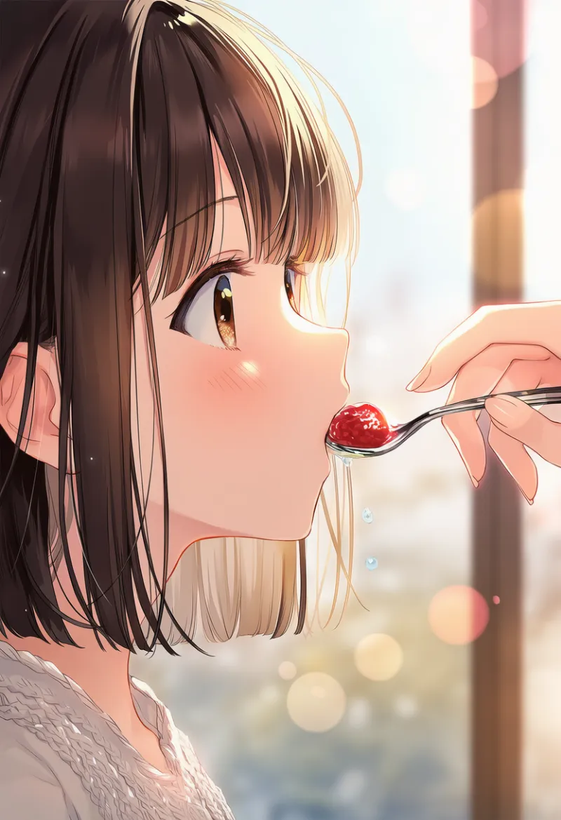 美少女キャラが食べ物を食べるシーンのAIイラスト作例-2