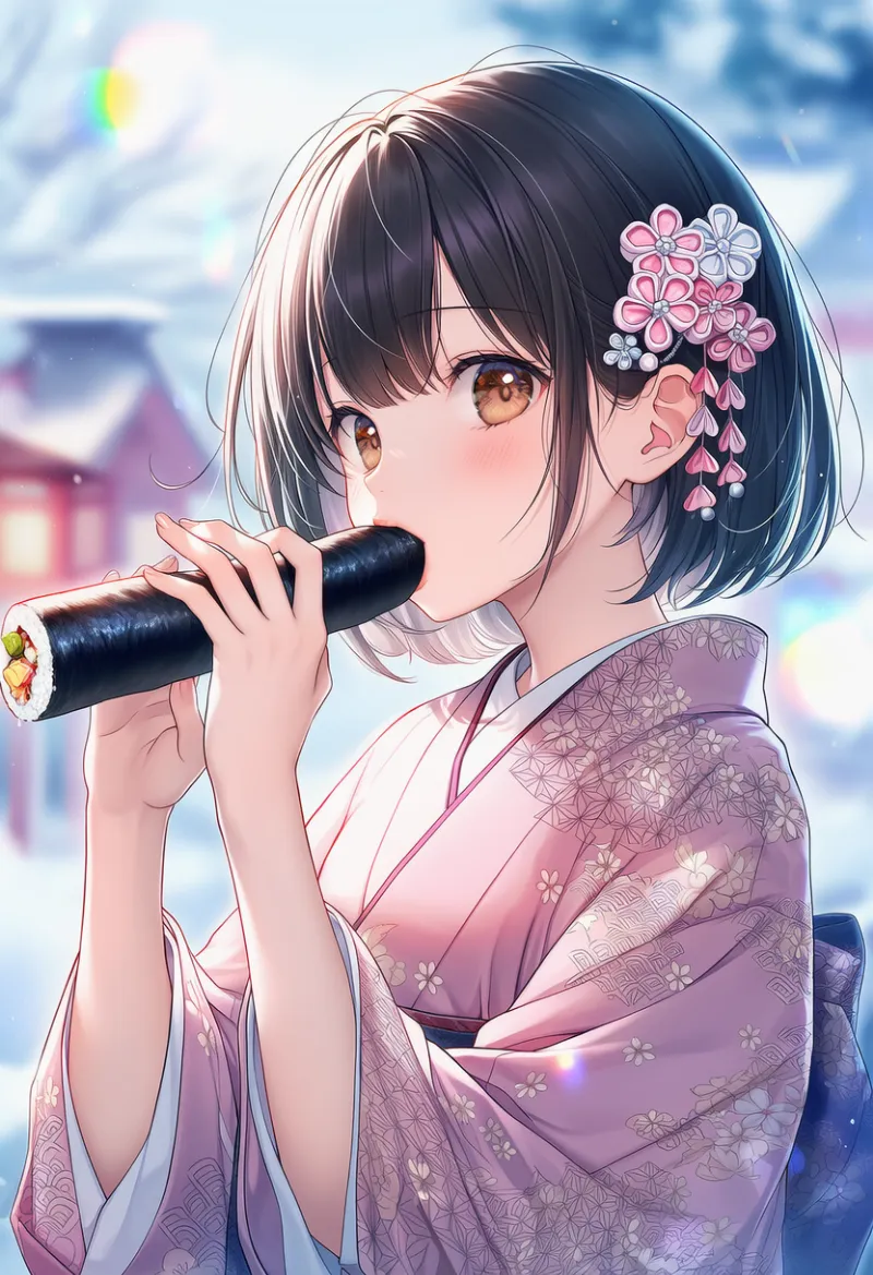 恵方巻きを美しく持つプロンプト例とAIイラスト作例