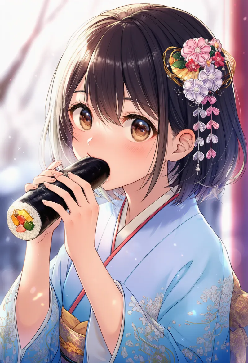 両手で恵方巻きを持つAIイラスト｜プロンプト紹介