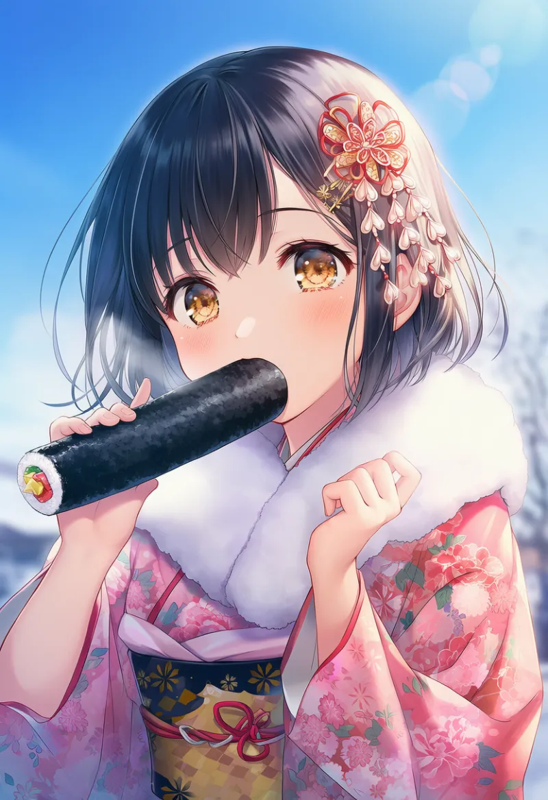 片手で恵方巻きを持つAIイラスト｜プロンプト紹介