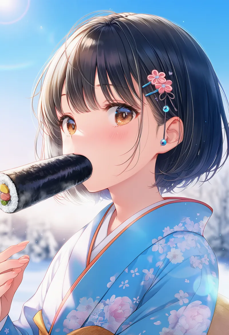 恵方巻きを口だけでくわえるAIイラスト｜恵方巻きの持ち方のプロンプト紹介