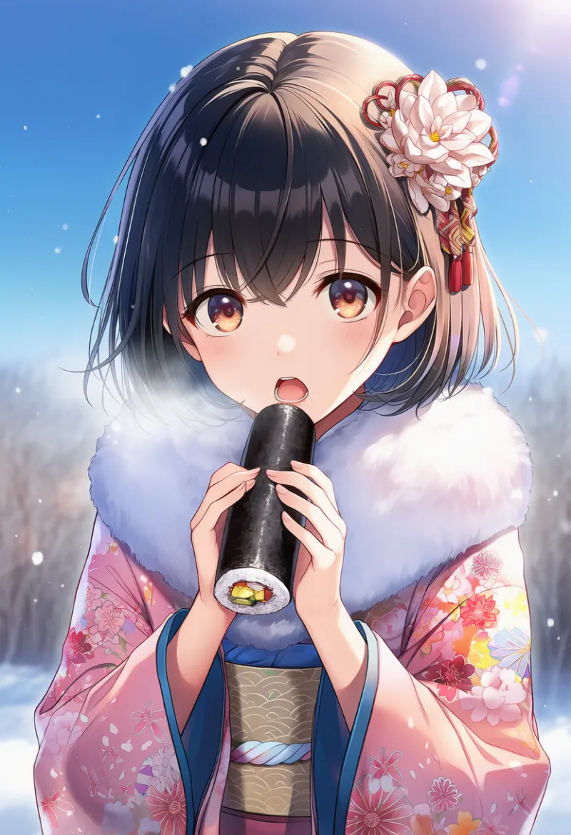 恵方巻きを食べる瞬間のプロンプト紹介とAIイラスト