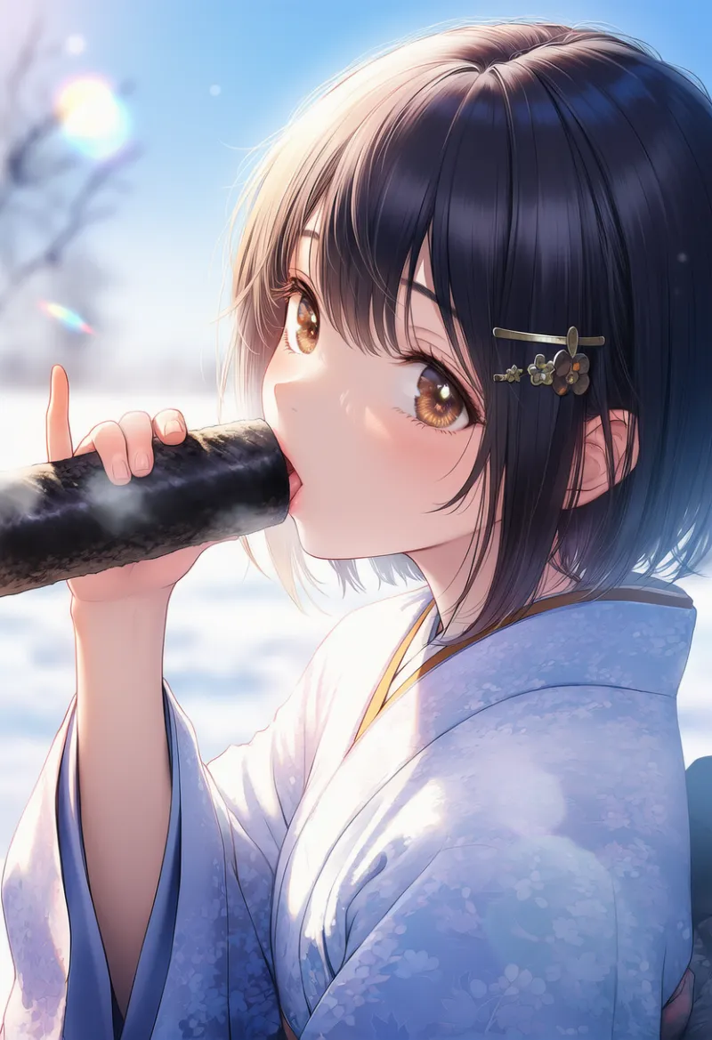 小指を立てて恵方巻きを持つAIイラスト｜恵方巻きの持ち方のプロンプト紹介