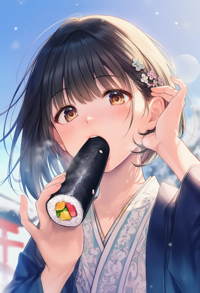 恵方巻きを持って髪をかき上げるAIイラスト｜プロンプト紹介