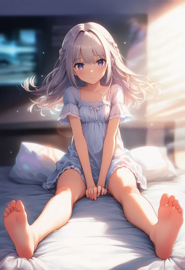 ベッドの上で、膝を曲げないで脚を伸ばす｜プロンプト紹介