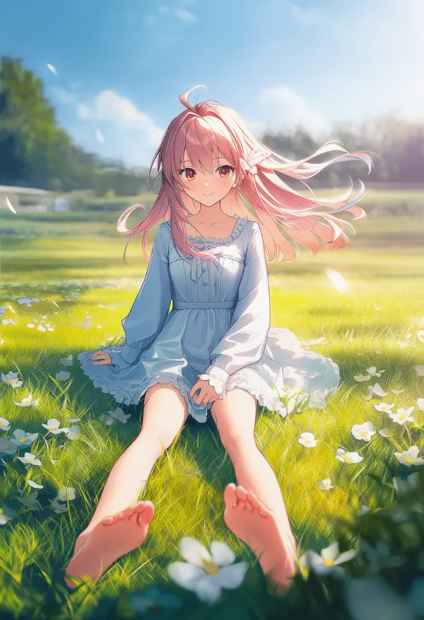 草原の上で、膝を曲げないで脚を伸ばす｜プロンプト紹介