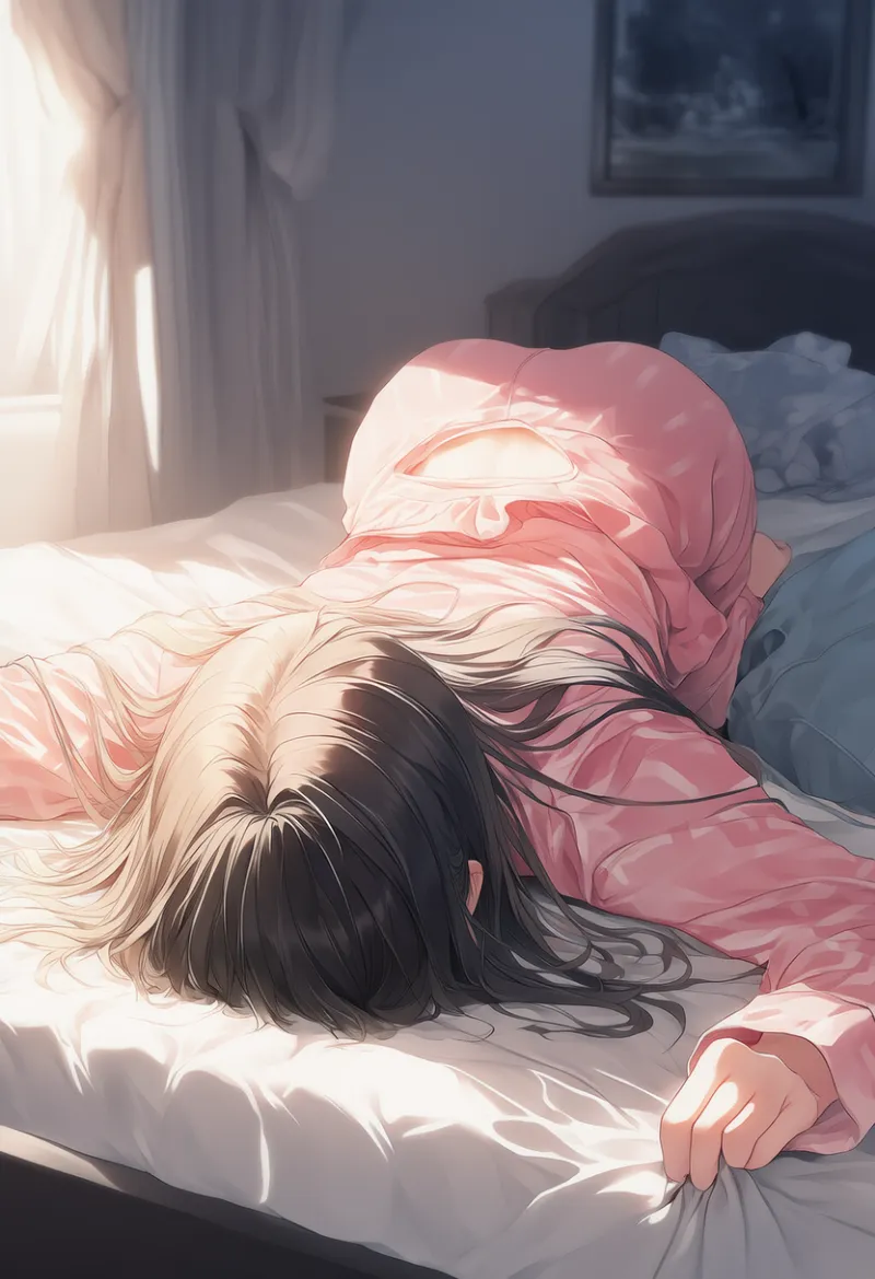 ベッドに頭から突っ込むポーズを再現したAIイラストとプロンプト