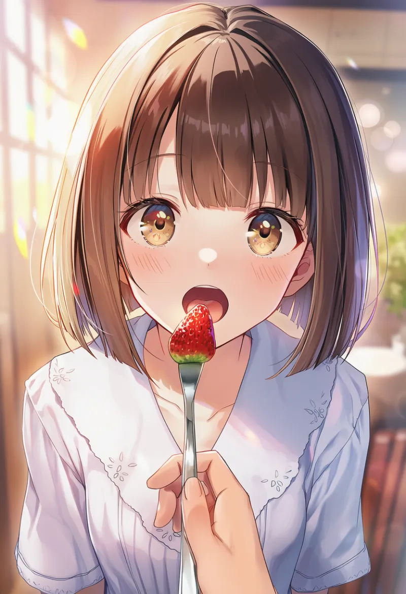 食べさせてもらうシーンのAIイラスト|プロンプト紹介