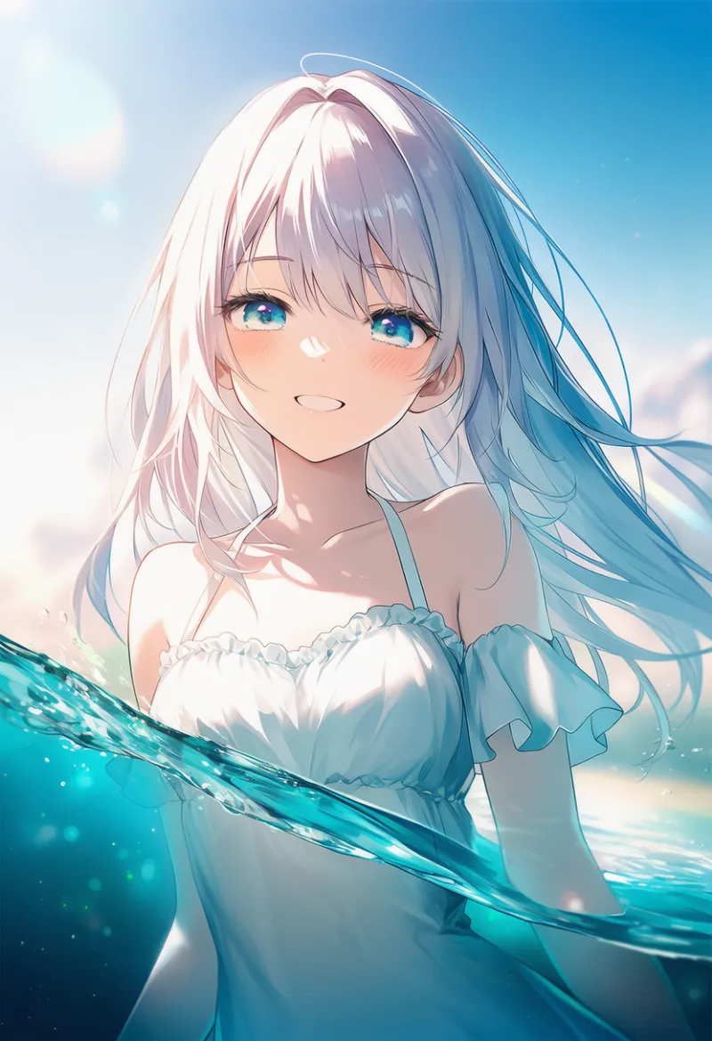 半水面AIイラストに水中エフェクト(浮遊する微粒子)を加えた作例とプロンプト紹介